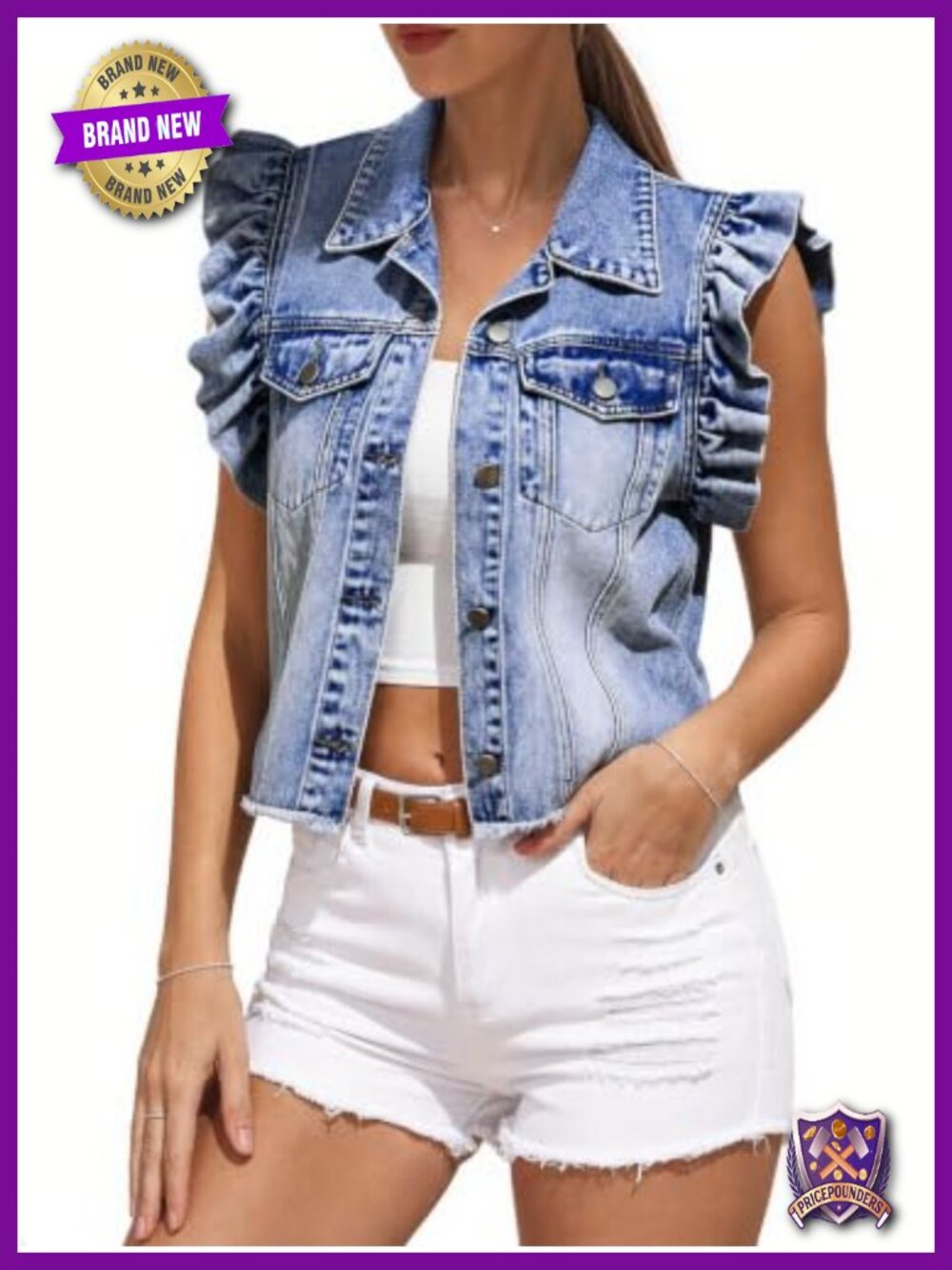 Ruffle Sleeve Denim Vest Button-Up Cotton Blend Jean Jacket